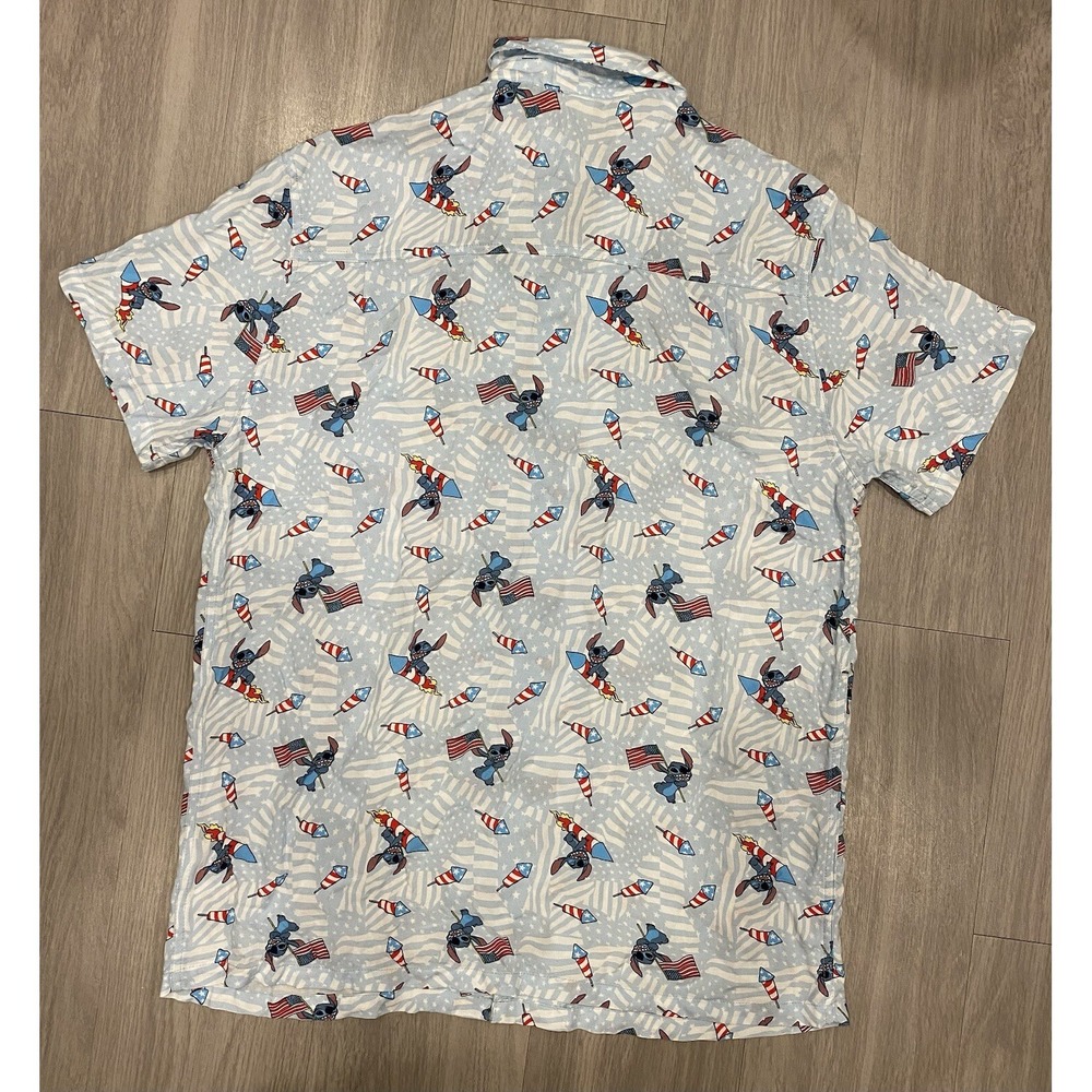 Lilo Stitch Disney USA Fireworks 4th July Button Shirt Large Hawaiian *Flaws* - Picture 2 of 8